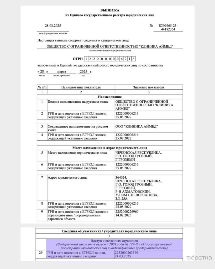 Из Единого государственного реестра юридических лиц (ЕГРЮЛ) пропала информация о&nbsp;том, с&nbsp;какими компаниями связана первая жена главы Чечни Медни Кадырова