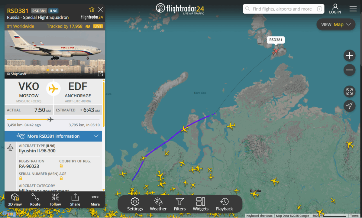 Правительственный борт RA-96023, фигурировавшим в&nbsp;«кокаиновом деле», летит из&nbsp;Москвы в&nbsp;Анкоридж